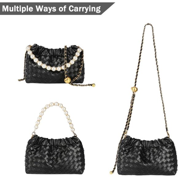 ⚡ Women's Leather Dumpling Pearl Chain Evening Black Crossbody Clutch Bag - Picture 3 of 8